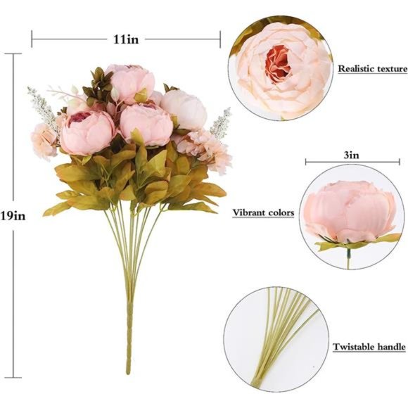Vintage Artificial Peony Silk Flowers Bouquet Home Wedding Decoration-Light Pink - Picture 6 of 6